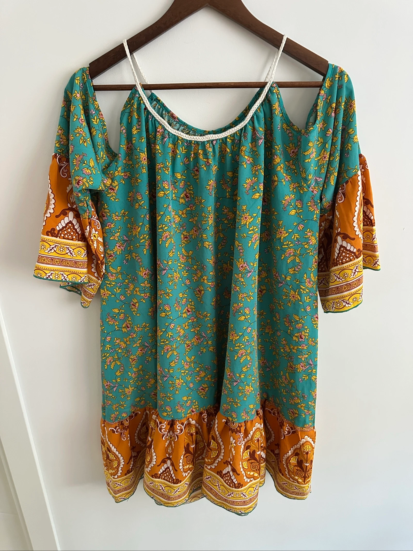 Korte Boho Chic jurk turkoois en mosterd / Ibiza tuniek maat L – photo 5